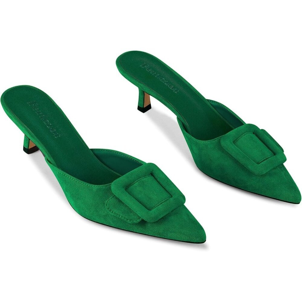 Women's Green Mule Slingback Buckle Pumps Pointed Toe Kitten Heels Shoe - Picture 5 of 5